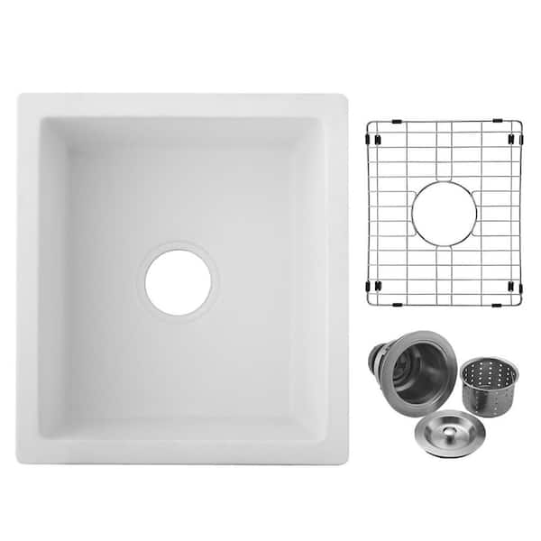 18 in. x 16 in. Undermount Quartz Kitchen Sink with Grid And Strainer in White