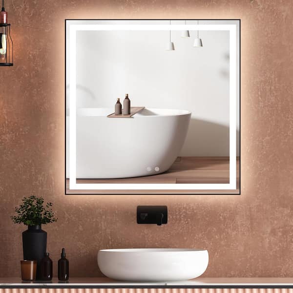 Getpro 36 in. W x 36 in. H Large Square Framed Defogger Touch Sencer Wall Mounted LED Lighted Bathroom Vanity Mirror in Black
