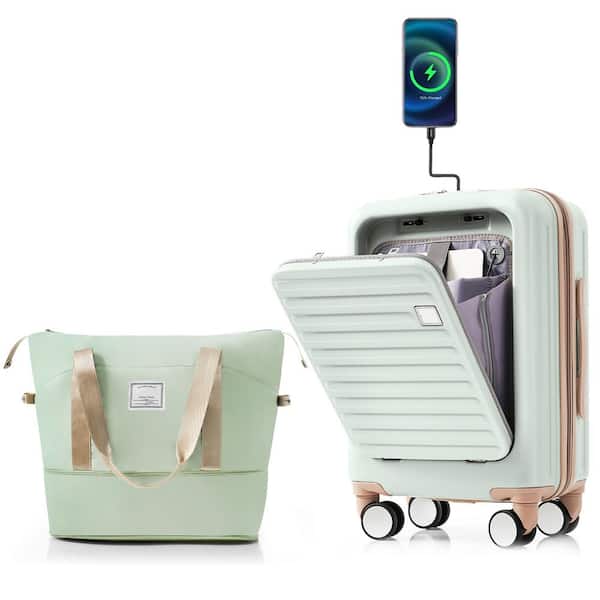 Merax Front Opening 2-Piece Gray Green 20 in. ABS Hardshell Spinner Luggage Set w/ Expandable Travel Bag USB Ports Cup Holder