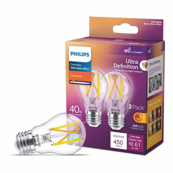 Philips 40-Watt Equivalent A15 Ultra Definition Dimmable Clear Glass E26 LED Light Bulb Soft White with Warm Glow 2700K (2-Pack)