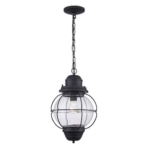 Catalina 10 in. 1-Light Black Outdoor Pendant Light with Seeded Glass