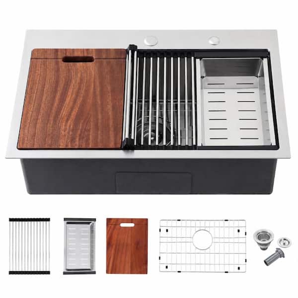 28 in. Drop-In Double Bowl Stainless Steel Workstation Kitchen Sink with Cutting Board Colander and Rack