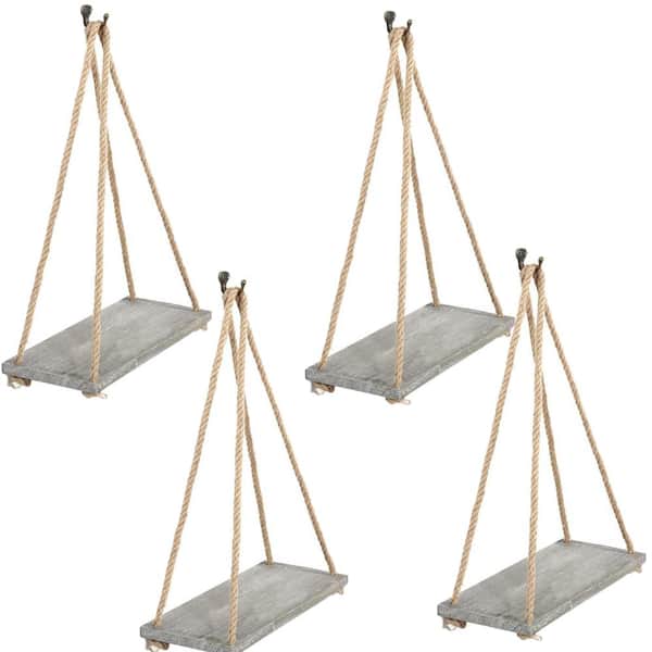 Oumilen Gray Green Wall Hanging Shelf Wood Hanging Shelves for Wall- Triangle Window Rope Hanging Plant Shelf (Set of 4)