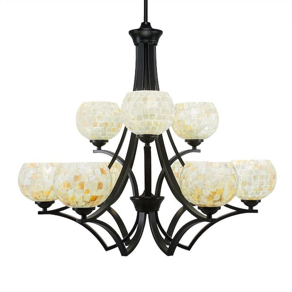 Unbranded Clevelend 9-Light Matte Black Chandelier, Round Chandelier with 6 in. Mystic Seashell Glass Shades, No bulbs included