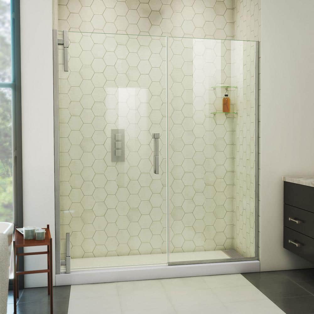 Ascend Frameless Clear Glass Pivot Shower Door with Black Hardware