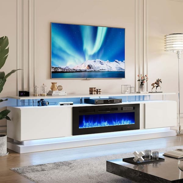 70 in. Freestanding Electric Fireplace TV Stand with Adjustable LED Entertainment Center in White Finish