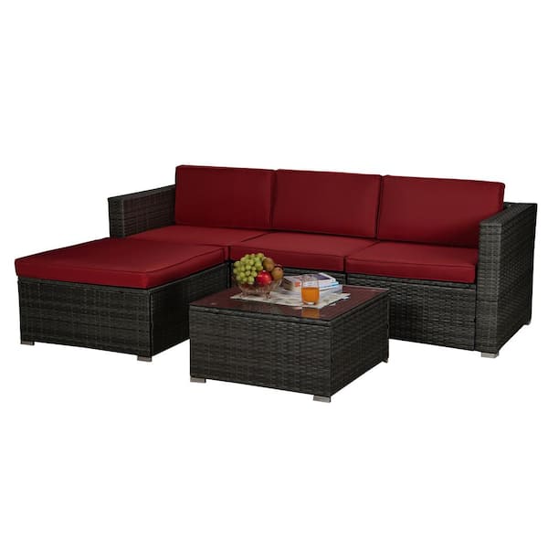 CASAINC 5-Piece Gray Wicker Outdoor Sectional with Red Cushions
