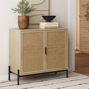 Andrew 31 in. H Boho Rattan Entryway Accent Storage Cabinet Sideboard with Metal Legs, Light Oak/Matte Black, Set of 2