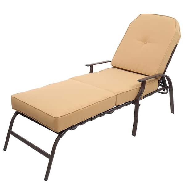 Karl home Brown Back Adjustable Metal Outdoor Lounge Chair Chaise Recliner with Beige Cushions