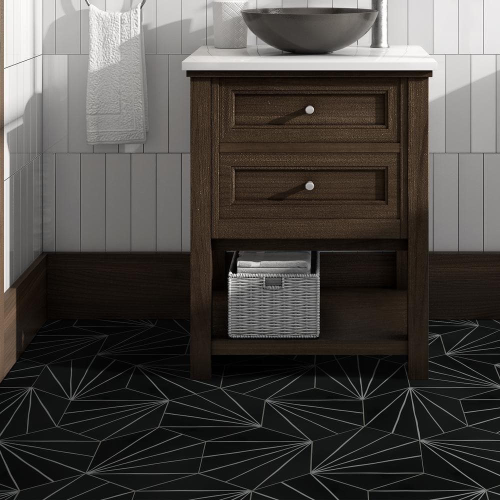 Black and White Hexagon Peel and Stick Vinyl Floor Tiles
