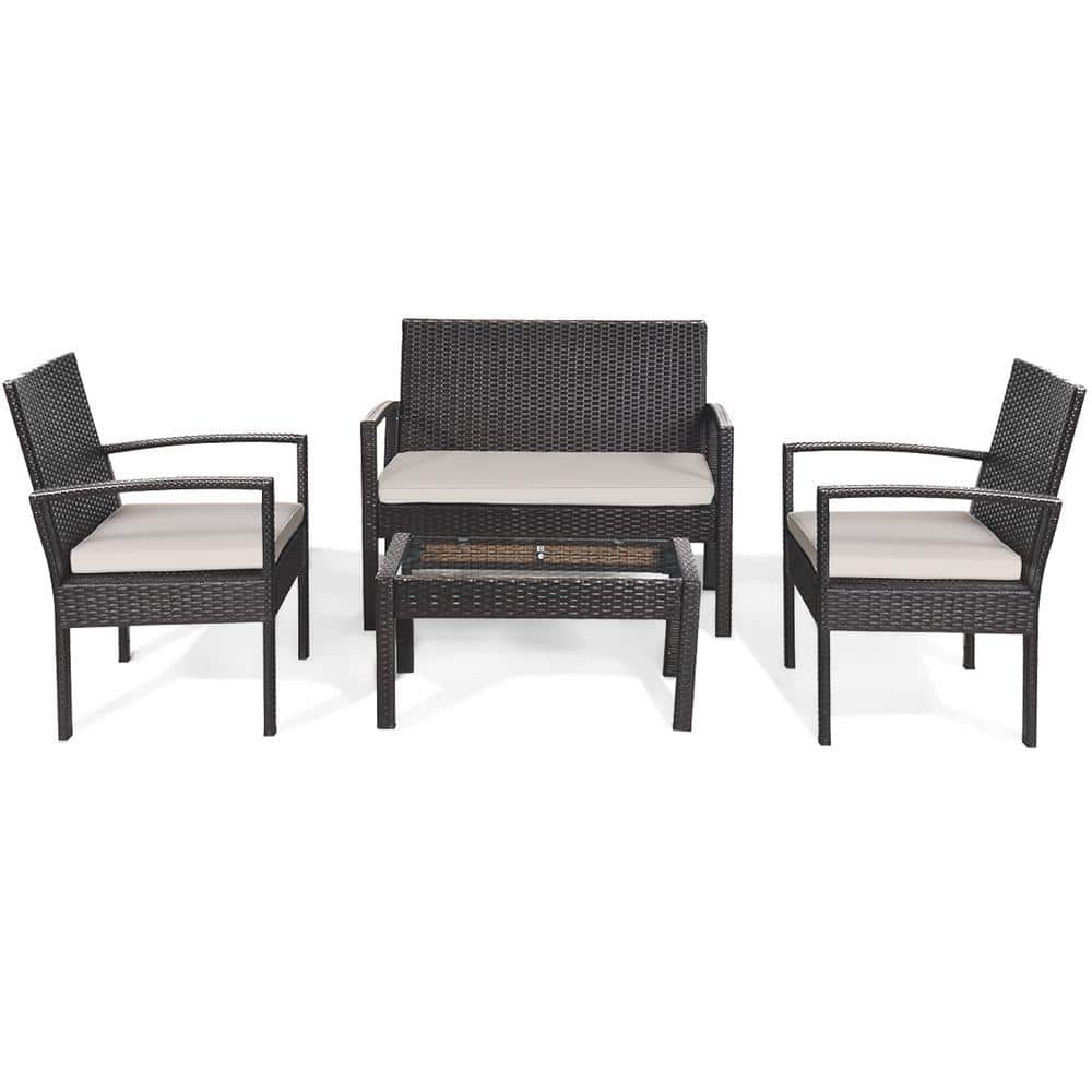 Costway 4Piece Wicker Patio Conversation Set with White Cushions