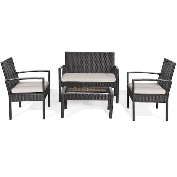 Costway 4-Piece Wicker Patio Conversation Set with White Cushions, Rattan Table Chair Set, Cushioned Seat Garden Furniture