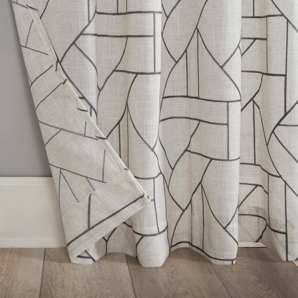 Gray and Linen Geometric Embroidered Sheer Curtain Panel, 50" x 108"