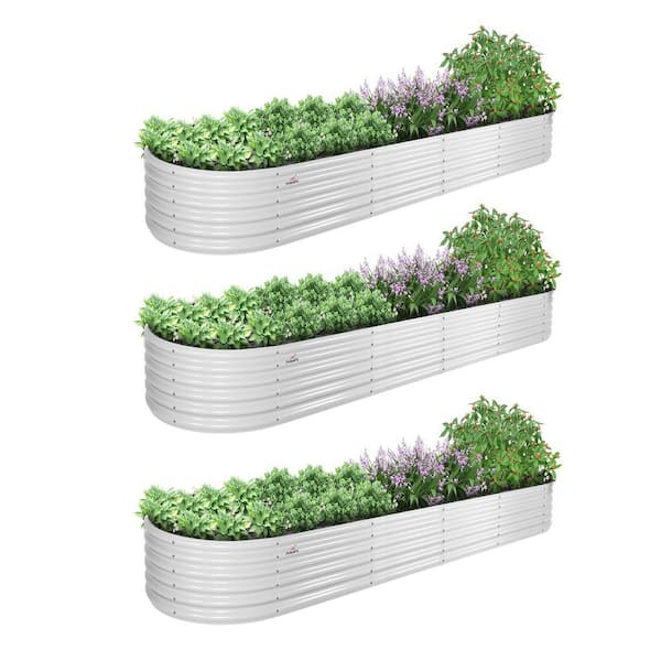 3-Pack White Metal Oval Large Raised Garden Bed Planter Boxes for Vegetables Flowers (144 in. L x 36 in. W x 18 in. H)