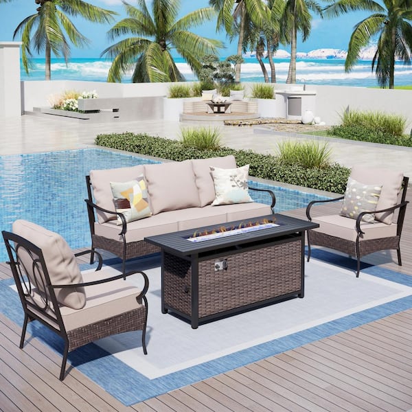 PHI VILLA Metal Frame Dark Brown Rattan 4-Piece Steel Outdoor Fire Pit Patio Set with Beige Cushions, Rectangular Fire Pit Table