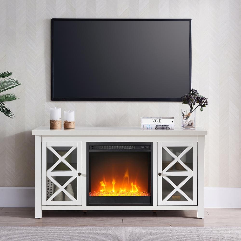 White 47 Inch TV Stand with Electric Fireplace and Glass Doors