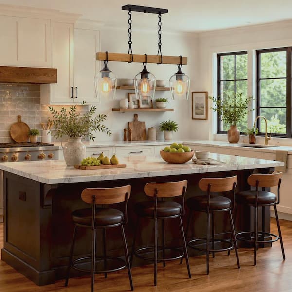 Farmhouse Faux Wood and Black Linear Chandelier 3-Light Vintage Kitchen Island Chandelier with Clear Glass Shades