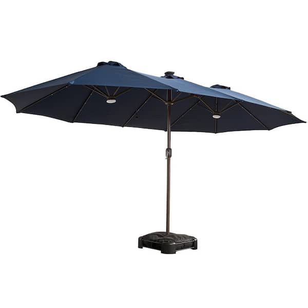 15 ft. Metal Market Rectangle Outdoor Patio Umbrella in Dark Blue with Base & Solar Lights for Poolside Bench Backyard