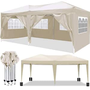 Outdoor 10 ft. x 20 ft. Pop Up Canopy Tent with with 6-Removable Sidewalls + Carry Bag + 4pcs Weight Bag-Beige