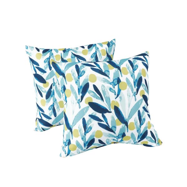 18 in. L Blue Leaf Square Outdoor Throw Pillows without Fringe (2-Pack)