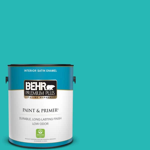 BEHR PREMIUM PLUS 1 gal. #MQ4-21 Caicos Turquoise Satin Enamel Low Odor Interior Paint & Primer
