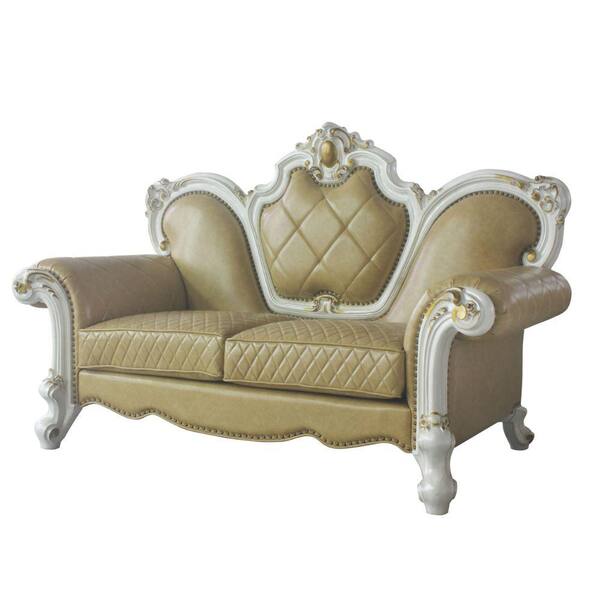 Benjara 38 in. White and Beige Solid Leather 2-Seater Loveseat with Diamond Stitching and Carvings