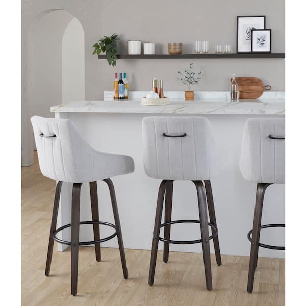 Hannah 30 in. Walnut Glazed Wood and Grey Fabric with Round Black Metal Fixed-Height Barstool (Set of 2)