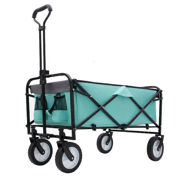 8 cu. ft. Green Steel Foldable Garden Cart with Cup Holders and Adjustable Handle, Collapsible Beach Grocery Wagon