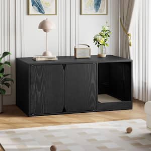 29.5 in. Width, Black Rectangle Wooden Side Table, End Table with Multiple Function, Side Holes, 2 Doors & 1 Drawer