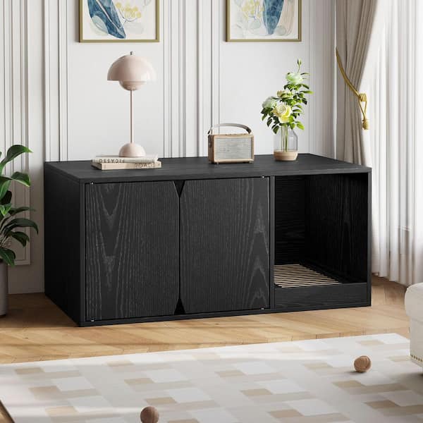 FUFU&GAGA 29.5 in. Width, Black Rectangle Wooden Side Table, End Table ...