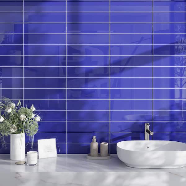 Blue 4 in. x 16 in. Polished Glass Mosaic Tile (5.33 sq. ft./Case)