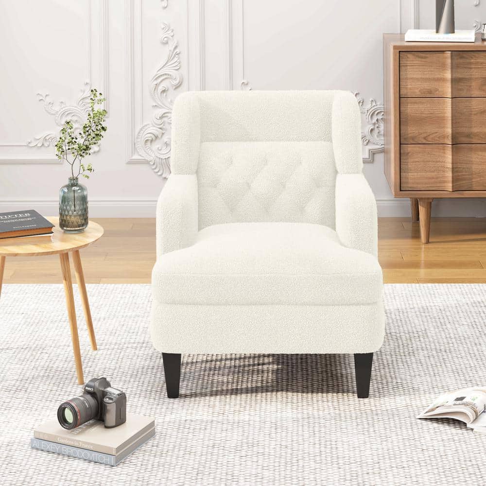 Modern White Teddy Fabric Upholstered Accent Chair with Wood Legs