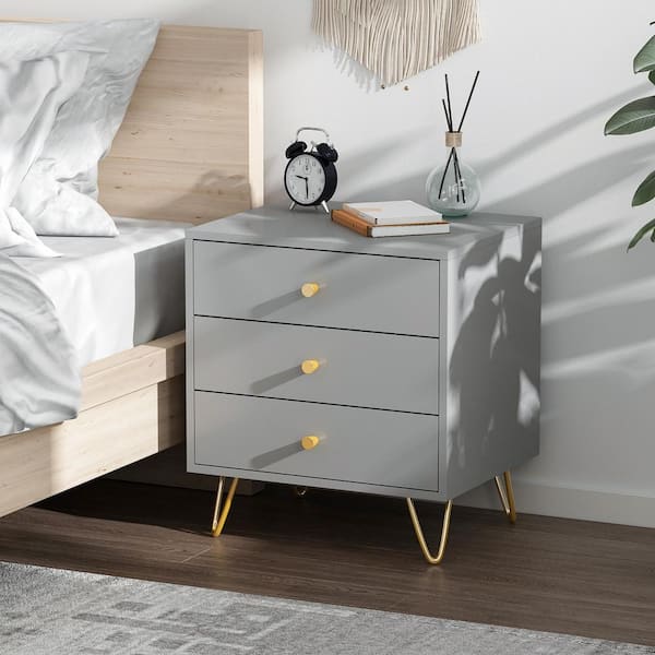 FUFU GAGA 3 Drawer Gray Nightstands with Metal Legs and Side Table Bedside Table 21.6 in. H x 19.6 in. W x 15.7 in. D KF210124 03 xin The Home Depot
