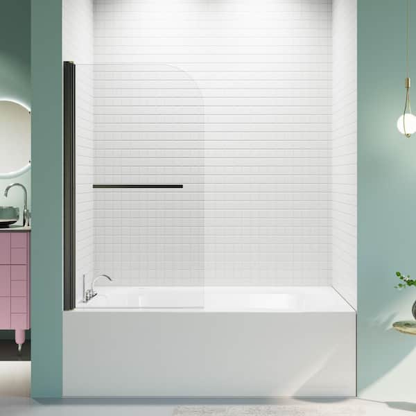 Reversible 31.75 in. W x 55 in. H Pivot Frameless Tub Door in Matte Black with 1/4 in. Tempered Clear Glass