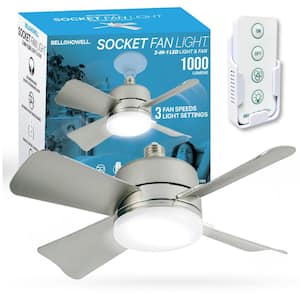 Socket Fan 15.7 in. Indoor LED Bright Light Nickel Ceiling Fan with Remote