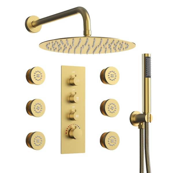 EVERSTEIN 7-Spray Patterns Shower System with 12 in. Wall Mount Dual Shower Heads in Brushed Gold (Valve Included)