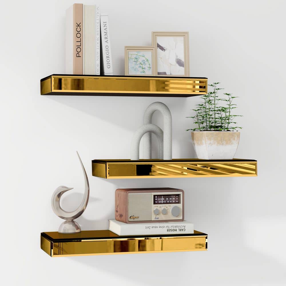 THKSHOUZ Gold 15 in. Decorative Wall Shelves (Set of 3) SF-MP206GD THKSHOUZ Gold 15 in. Decorative Wall Shelves (Set of 3) SF-MP206GD