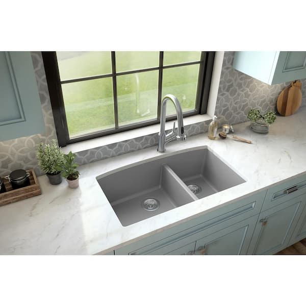 Karran Undermount Quartz Composite 32 in. 60/40 Double Bowl Kitchen Sink in Grey