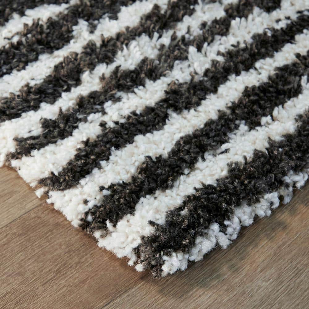 Charcoal and White Stripe Shag Kids' Rug 5' x 7'