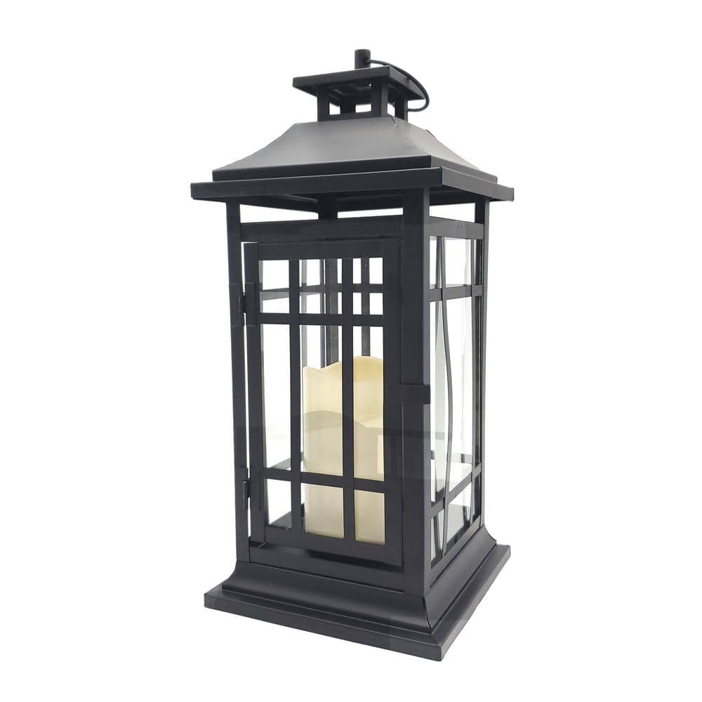 Battery Operated Lantern - Built-In Moving Flame - Black/Gold - 13in