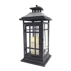 14 in. Black/Window Battery Operated Metal Lantern with LED Candle
