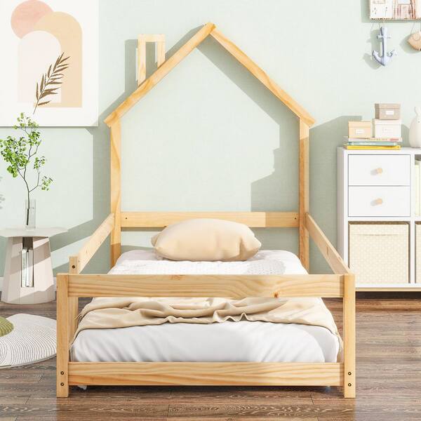 Natural Brown Wood Frame Twin Platform Bed with House-Style Headboard and Guardrails, Solid Wood for Kids