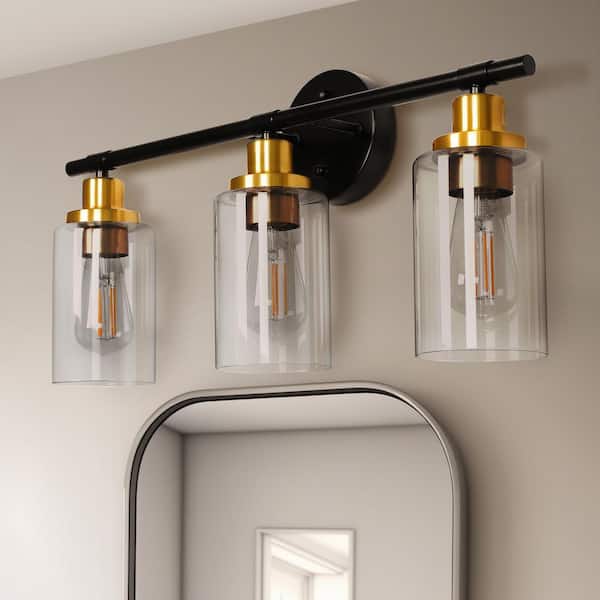 23 in. 3-Light Black and Gold Vanity Light with Clear Glass Shade for Bathroom, Vanity, or Mirror, Dimmable
