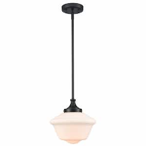 60-Watt 1-Light Black Finished Shaded Pendant Light with Milk Glass Glass Shade and No Bulbs Included