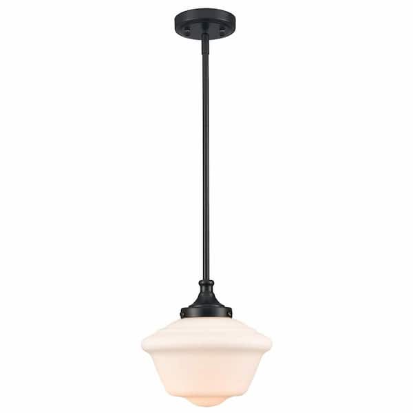 CLAXY 60-Watt 1-Light Black Finished Shaded Pendant Light with Milk Glass Glass Shade and No Bulbs Included