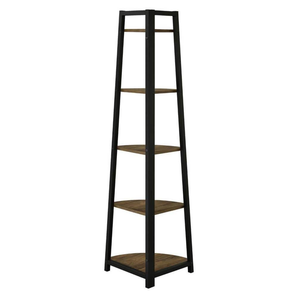 Brown and Black 5-Tier Corner Wood and Metal Bookcase