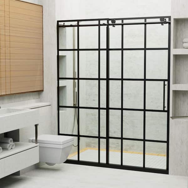 CASAINC 56 in. - 60 in. W x 76 in. H Sliding Frameless Shower Door in Matte Black with ANSI certificated tempered Glass