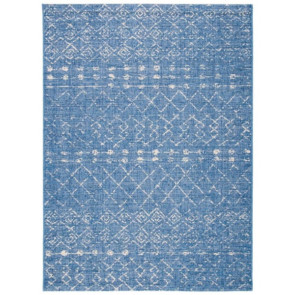 SAFAVIEH Courtyard Blue/Ivory 9 ft. x 12 ft. Bohemian Tribal Indoor/Outdoor Patio  Area Rug