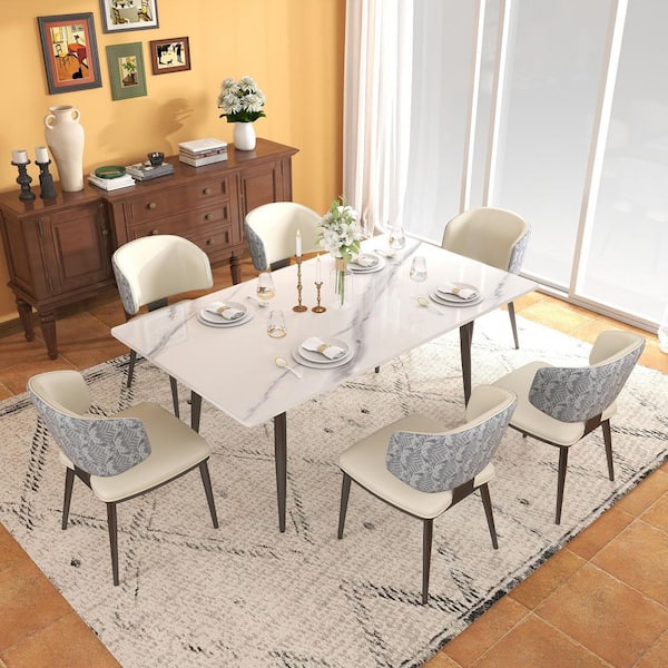 Set of 6 Mid-Century Modern PU Leather Upholstered Dining Chairs in White