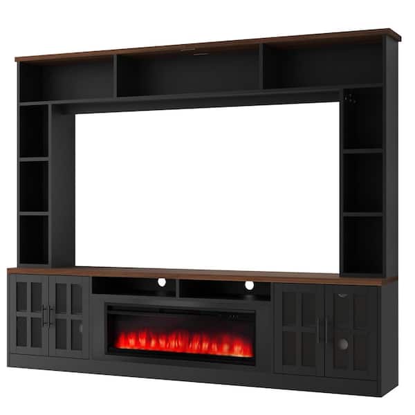 Black 95.5 in. Wall Unit Entertainment Center Fits TV's up to 80 in. with Electric Fireplace, Adjustable Shelves